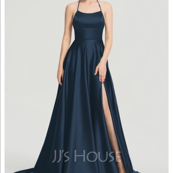 A-Line Scoop Neck Bridesmaid Dress with Slit- Navy Blue - Picture 1 of 1